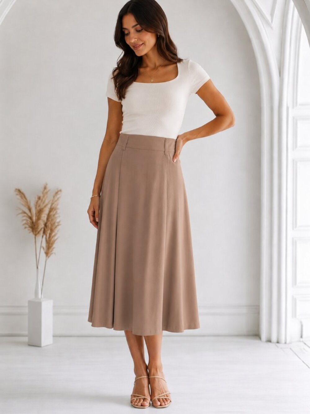 Zara Flowy Pleated Midi Skirt Camel Tan Belt Loops Size Medium